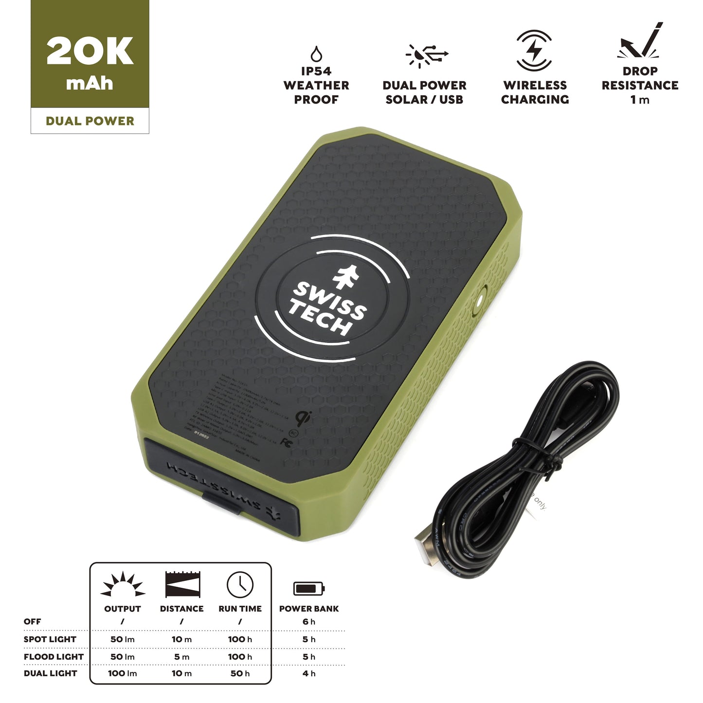Wireless Power Bank, 20000 Mah, Built-In Flashlight, Charging Pad, IP54 Weatherproof, Travel Ready