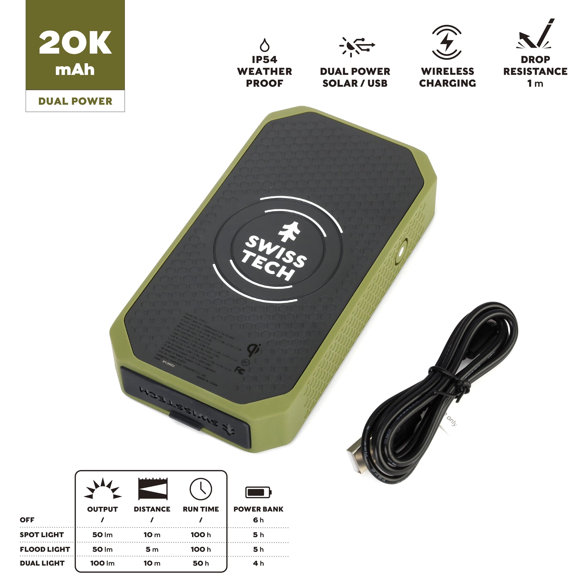 Wireless Power Bank, 20000 Mah, Built-In Flashlight, Charging Pad, IP54 Weatherproof, Travel Ready