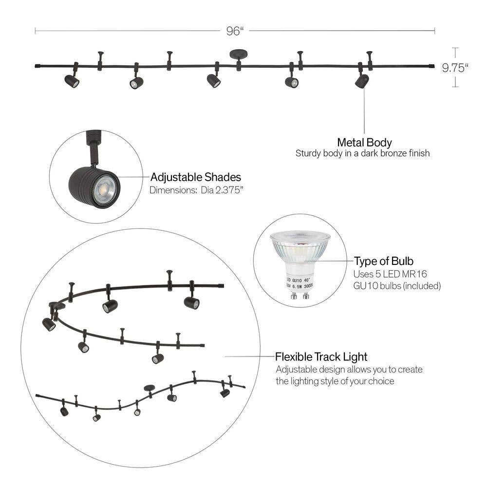 Flex Track 8 Ft. Bronze LED Ceiling Mounted Hard Wired Track Lighting Kit with Pinhole Head